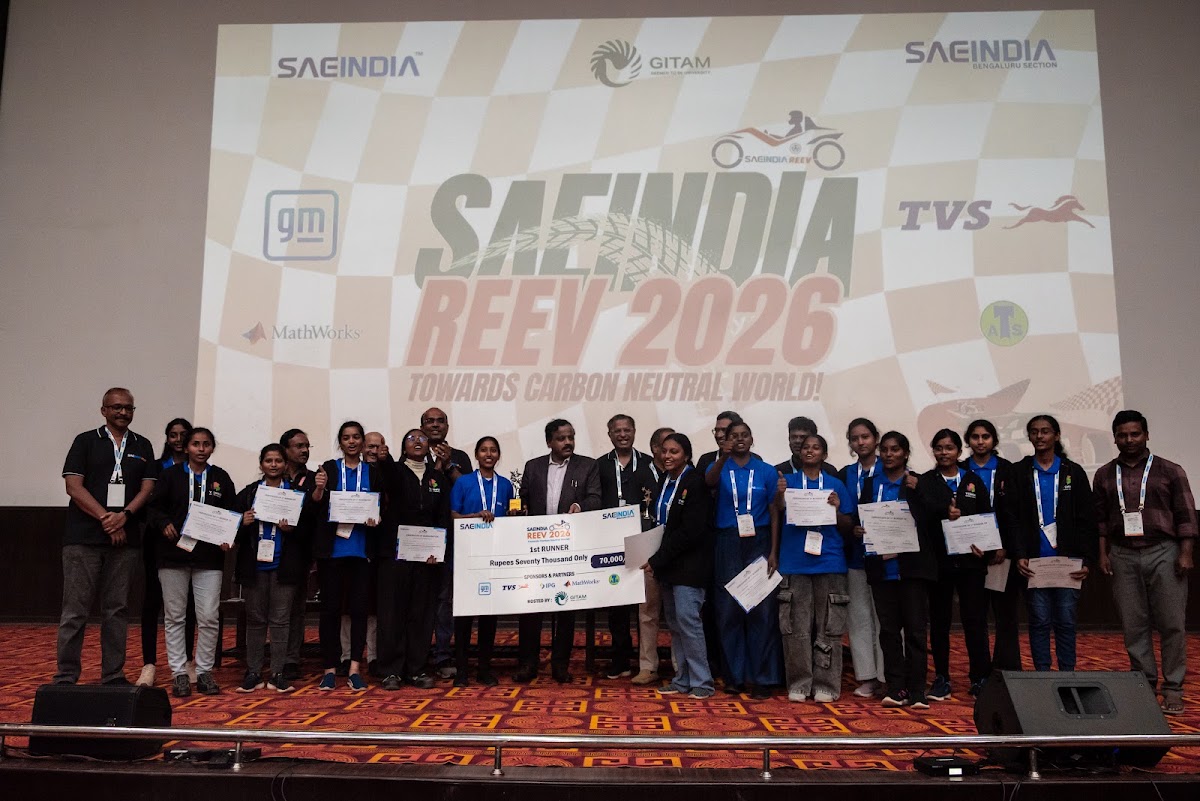 Winning teams on stage with their prize cheque at REEV SAEINDIA 2026, GITAM University